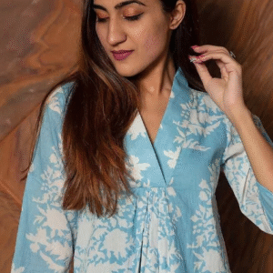 Diggiwal Formal V-Neck Floral Solid Blue Kurti Set for Women