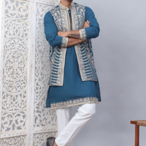 Jompers Festive Mandarin Collar Embroidered Blue Kurta Set for Men