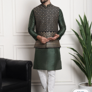 Sojanya Festive Mandarin Collar Ethinic Motifs Green Kurta Set for Men