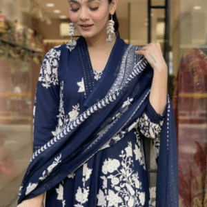 Nermosa Fusion V-Neck Floral Blue Kurti Set for Women