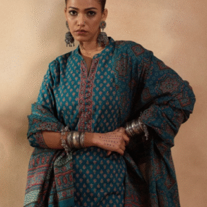 Indo Era Fusion Mandarin Collar Ethnic Motifs Teal Blue Kurti Set for Women