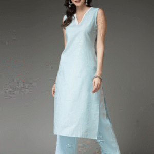 Stylum Casual V Neck Striped Sky Blue Kurti Set for Women