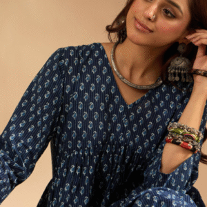 Taavi Casual V Neck Ethnic Motifs Navy Blue Kurti Set for Women
