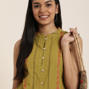 Taavi Casual Mandarin Collar Woven Design Green Kurti Set for Women