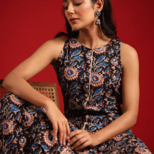 Anayna Casual Round Neck Floral Black Kurti Set for Women