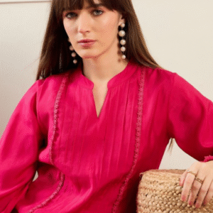 Indo Era Fusion Mandarin Collar Embroidered Pink Kurti Set for Women