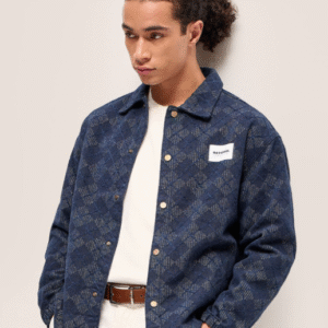 The Bear House Casual Spread Collar Geometric Blue Denim Jacket for Men