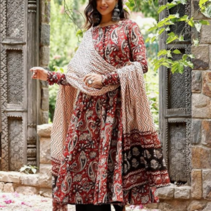 Nermosa Printed Anarkali Kurta and Pant Set with Dupatta For Women