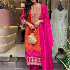 GoSriKi Rayon Blend Straight Embroidered Kurta with Pant & Dupatta For Women