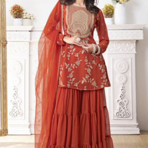 Inddus Floral Embroidered Georgette Kurta With Sharara & Dupatta For Women