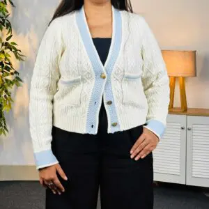 Tokyo Talkies Casual V Neck White & Blue Cardigan for Women