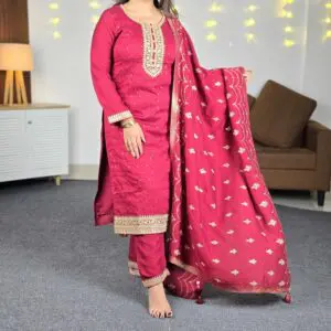 Libas Embroidered Silk Blend Straight Kurta With Trousers & Dupatta For Women