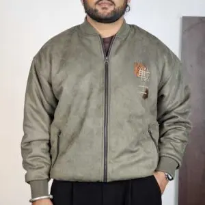 The Souled Store Casual Mock Collar Embroidered Olive Bomber Jacket for Men