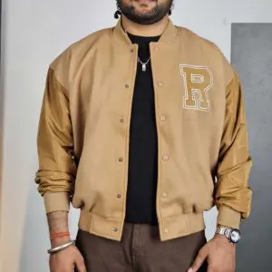 Roadster Casual Spread Collar Beige Varsity Jacket for Men