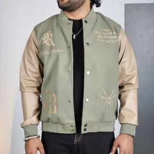 Roadster Casual Mock Collar Embroidered Green & Tan Varsity Jacket for Men