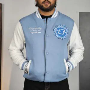 Glitchez Casual Mock Collar White & Blue Varsity Jacket for Men