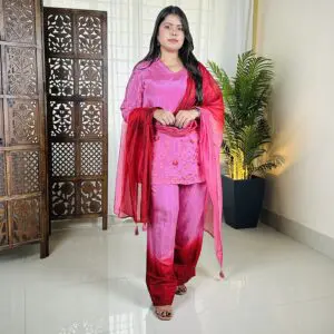 Anouk Floral Embroidered Pure Silk Kurta With Trousers & Dupatta For Women