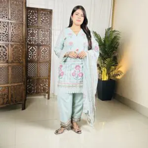 House of Pataudi Floral Printed Cotton Kurta & Trousers With Dupatta For Women