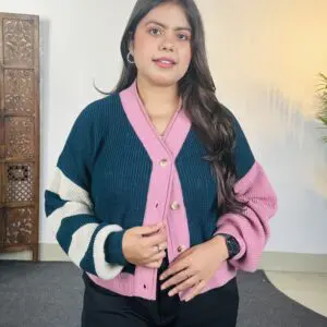 Roadster Casual V Neck Colourblocked Green & Pink Cardigan for Women