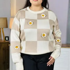 Glitchez Regular Round Neck Colourblocked Beige Pullover for Women