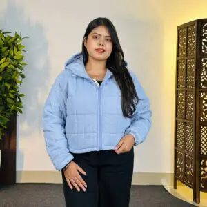 Glitchez Casual Hood Solid Blue Puffer Jacket for Women