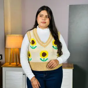 Sassafras V Neck Floral Beige & Yellow Sweater Vest for Women