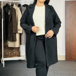 Dressberry Casual Notched Lapel Collar Solid Black Overcoat for Women