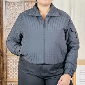 Fort Collins Casual Spread Collar Checked Black Bomber Jacket for Women