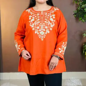 QAZMI Embroidered A-Line Flared Short Kurti For Women