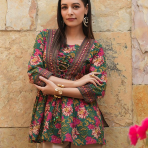 Rain & Rainbow Floral Printed Tie-Ups Peplum Cotton Kurti For Women