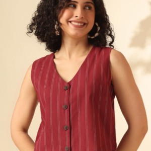 Anouk Casual V Neck Striped Maroon Waistcoat Jacket for Women