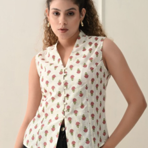 Zenava by Myntra Casual V Neck Floral White Waistcoat Jacket for Women