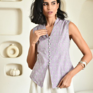 Zenava by Myntra Casual V Neck Floral Lavender Waistcoat Jacket for Women