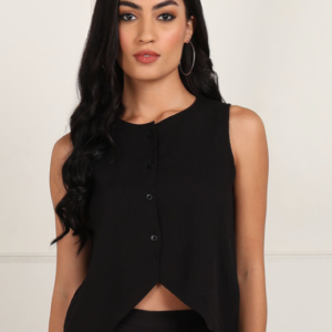 Fashfun Casual Boat Neck Solid Black Waistcoat Jacket for Women