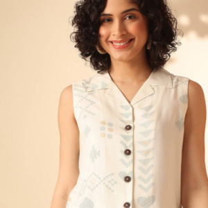 Anouk Casual Polo Collar Geometric Light Green Waistcoat Jacket for Women