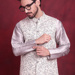 Jompers Mandarin Collar Ethinic Floral Off White Floral Nehru Jacket for Men