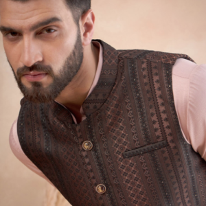 House of Pataudi Ethinic Mandarin Collar Brown & Black Nehru Jacket for Men