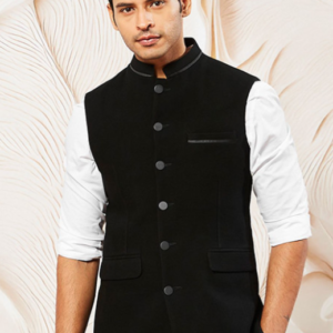 Vastramay Ethinic Mandarin Collar Black Nehru Jacket for Men