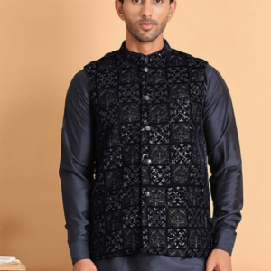 Jompers Ethinic Mandarin Collar Navy Blue Nehru Jacket for Men