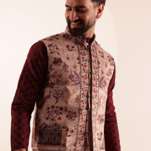 SOJANYA Ethinic Mandarin Collar Maroon & Beige Nehru Jacket for Men