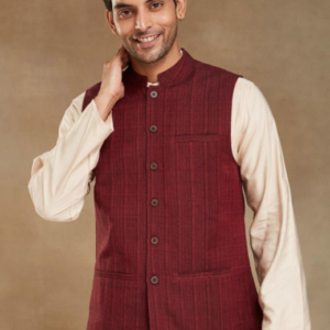 Fabindia Ethinic Mandarin Collar Textured Maroon Nehru Jacket for Men