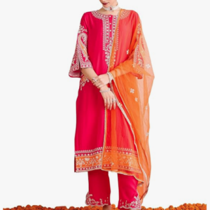 INDO ERA Silk Blend Embroidered Straight Kurta Pant with Dupatta For Women