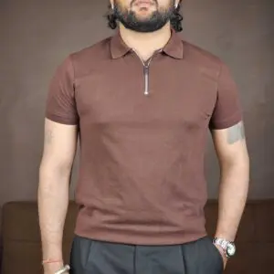 The Souled Store Popcorn: Dark Mocha Collared Neck Solid Zipper Polos For Men