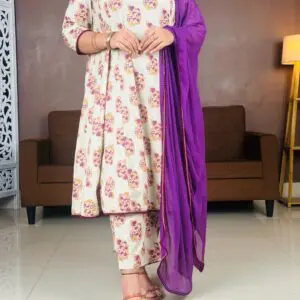 Khushal K Floral Printed A-Line Kurta with Trousers And Dupatta For Women