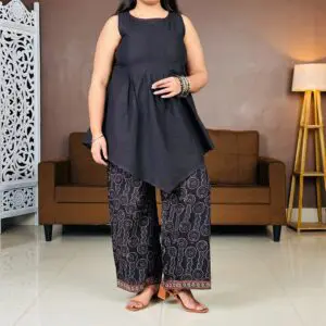 Taavi Pure Cotton Panelled A-Line Kurta With Palazzos For Women