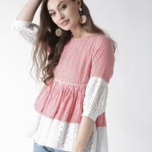 La Zoire Casual Round Neck White + Red T-Shirt for Women