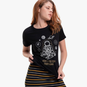 Leotude Casual Round neck Black T-Shirt for Women