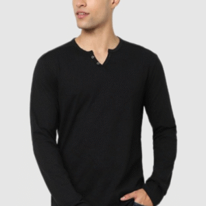 Celio Solid Black Full Sleeve Henley T-Shirt For Men