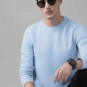 Roadster The Lifestyle Co Men Blue Waffle Texture T-shirt