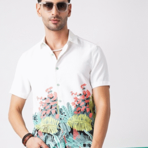 The Indian Garage Co Casual Tropical White + Green Shirt for Men